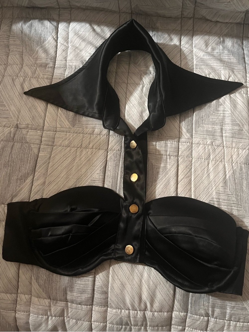 Black Satin Halter Crop Top with Gold Buttons